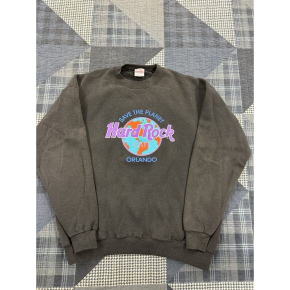 Vintage 80s Faded Hard Rock Cafe Orlando Sweater Save The Planet Black USA Sz XL - Picture 1 of 9